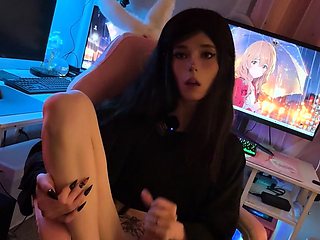 Big tit shemale jerks her long cock