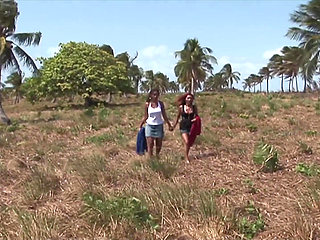 Two sexy tourists fucked in the countryside by a group of men