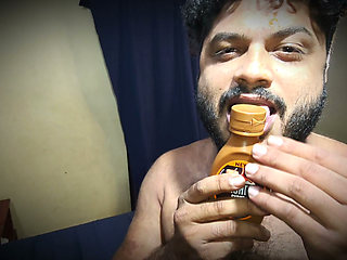 Licking sexual game play by Jackson with chocolate syrup over boobs
