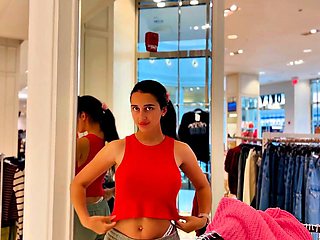 Busty Brunette Flashes in Store