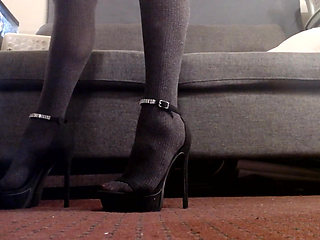 Black Ankle Strap High Heels and Pantyhose Walk