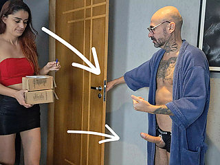 Perverted Old Man Receives Delivery Girl with His Dick Out!