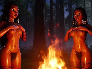 Voluptuous Ebony Tribal Women Perform Primal Fire Worship on All Fours Covered in Oil and Sacred Earth at Night