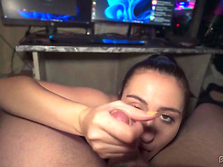 Ponytail Brunette Sucks and Swallows Under Table