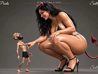 Giant She-devil Strips Topless for Her Tiny Bearded Man - He Kisses Her High Heel