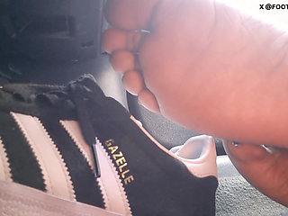 Barefoot Passenger Blue Toes Foot Play While Riding in the Car