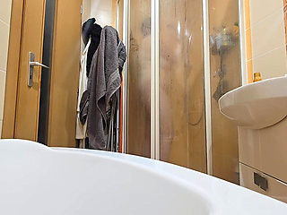 A Busty BBW Showering in the Shower Cabin, Shaving Her Armpits, Pussy, and Legs.