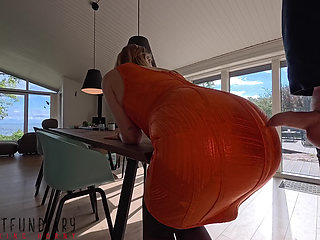 Sexy Curvy Lady in Orange Bodycon Dress and Stockings Filled Missionary with Fresh Cum - Projectfundiary