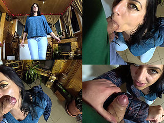 No Panties MILF Cameltoe Twerk. Deep Blowjob and Cum Covered Puffy Jacket