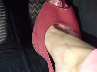Barefoot Driving and Revving in Vivid Pink High Heeled Sandals