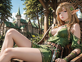 Green Elf in the Forest Secret! Kneeling Gaze Under Dappled Sunlight, a Dreamy Tease with Fingertips Touching Her Lips