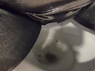 Ripped Shiny Nylon Jumpsuit in the Bathroom. Cum Cleanup, Dirty Dancing and Pee Play