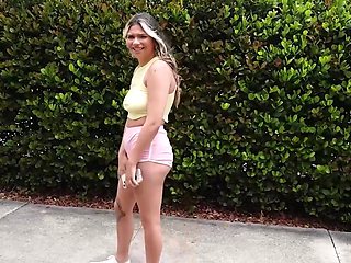 Blonde girl with a hot body takes that black throbber