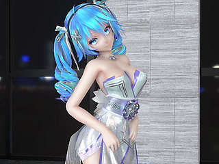 Miku-up and Down Evening Gown Striptease, Huge Breasts, Shaved Pussy, White Stockings, Striptease, K-pop Dance, Big Boobs