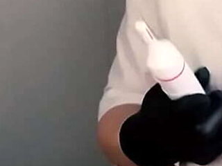 Blonde MILF Nurse SugarNadya Makes Client Cum Hard with Gloved Handjob - English Subs