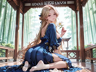 Blonde Goddess in Silk! Lazy Strolls, Kneeling Glances, and Fingertips Grazing Her Chest in a Sun-drenched Japanese Corridor