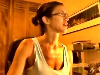 Busty curly brunette with big boobs fucks on couch