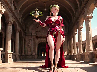 Red Armor Queen! Gaze in the Roman Corridor, Skirt Lift Reveal, Hand on Lips Teasing You...