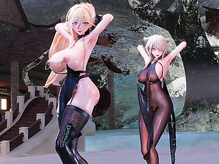 [mmd] Yolandel & Rita Chocolate Cream Double Striptease Black Silk Pantyhose Big Nipple Nipple Milk Chain Red Sole High Heels