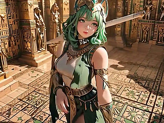 Green-haired Egyptian Queen! Kneeling in the Golden Hall, Guarded by Sphinxes.