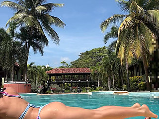 Flashing Tits and Pussy in Bikini Outdoor at the Pool