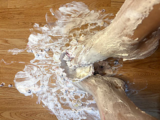 Playing with a whipped cream fruit bowl with my feet