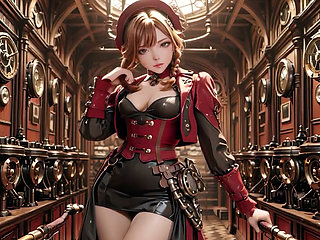 Steampunk Duchess! Red-haired mechanical girl teasing in the Gear Hall.