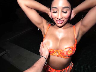 Orange lingerie babe gets fucked poolside at night