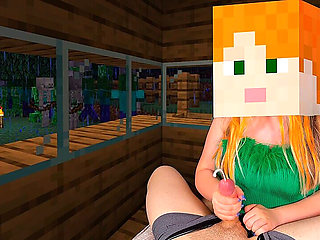 Hot Alex From Minecraft Fast Jerking off Steve's Hard Cock in a Cozy House, While Creepers and Skeletons Roam the Night Village