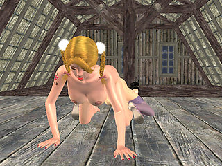 3D Animated Lesbian Heat: Busty MILF Pussy-rubs & Double-dildo Anal Pounds Petite Teen