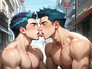 Watch Horny, Dissolute, Blue-haired Muscle Dudes Worshiping on Kyoto Streets in the Greatest Gay XXX Porn!