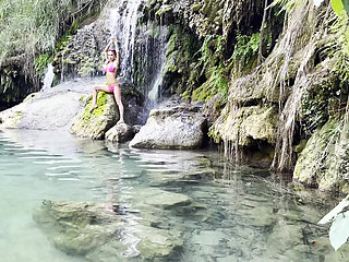 Monika Fox in Pink Bikini and Naked at Waterfall and Cave