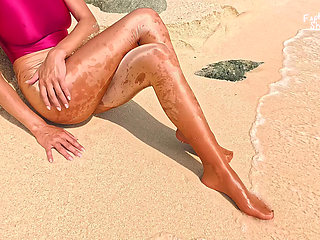 918 Gold Spandex Pantyhose and Link Swimsuit on the Beach