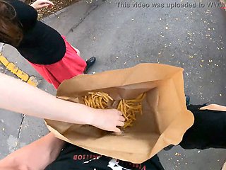 Wild public double handjob in a McDonald's fries bag - a new way to enjoy fast food!
