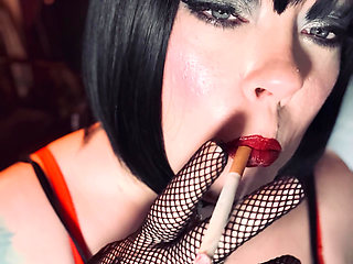 Smoking Mistress Tina Snua Chain Smokes 2 Superking cigarettes In Fishnet Gloves - Smoker smoke BBW Chubby