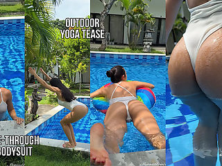 Outdoor Yoga Tree Pose & Tease in See-through Bodysuit in the Pool