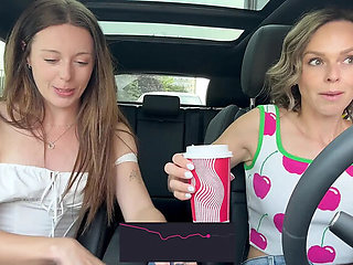 Nadia Foxx & Serenity Cox Remote Vibrator Fun in Car Drive Thru Cumming Hard