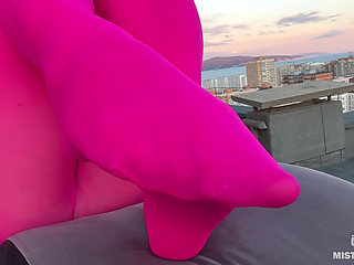 Pink Nylon Tease on the Rooftop at Sunset - Feet and Big Ass