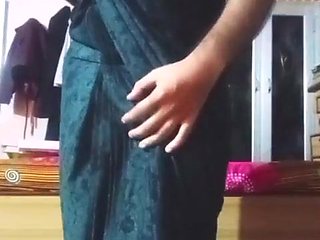 Indian Bum chum Crossdresser Bottom pressing and toying with her immense boobies in black saree real homemade gonzo fuckfest