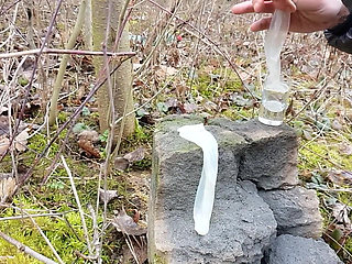 Making Cum From Two Filled Condoms After I Was Fucked Outdoors and My Jerk off After Cum Eating