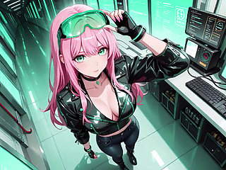 Pink-Haired Leather Tech! Private vibes in a neon-lit cyber corridor.