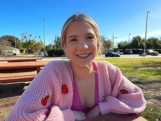 Beautiful woman with natural tits Becky Summer gives a great blowjob in a car.