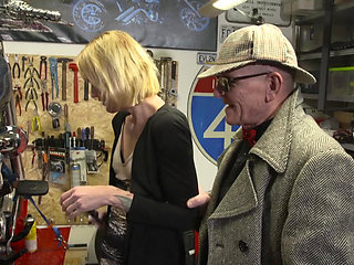 Sexy tattooed blonde enjoying in hard fuck on the floor