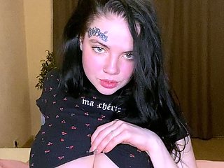 Busty curly brunette with big boobs fucks on couch