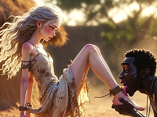 White Woman in Bondage - African Man Passionate Foot Licking