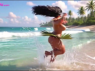 Exotic hula beauty on all fours, tribal men watching her curves (AI Generated)