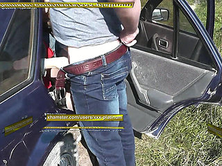 Sex in backseat car Taxi driver stopped on side road sexy blonde MILF jerk off cock. Man fuck pussy doggystyle cum