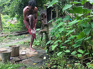Tha naked Indian mature man shower in open place and showing body and dick..