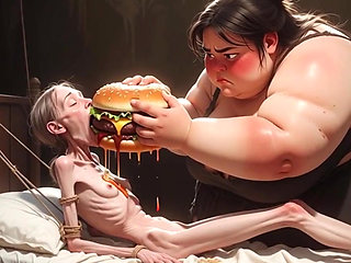 Extremely Skinny Girl Fed by Massive SSBBW - Extreme Feederism Contrast