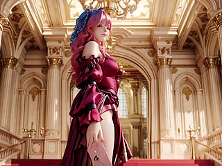 The Pink Queen's Coronation! Deep red silk, golden goblet, and a lazy gaze from the throne. Pure fantasy.